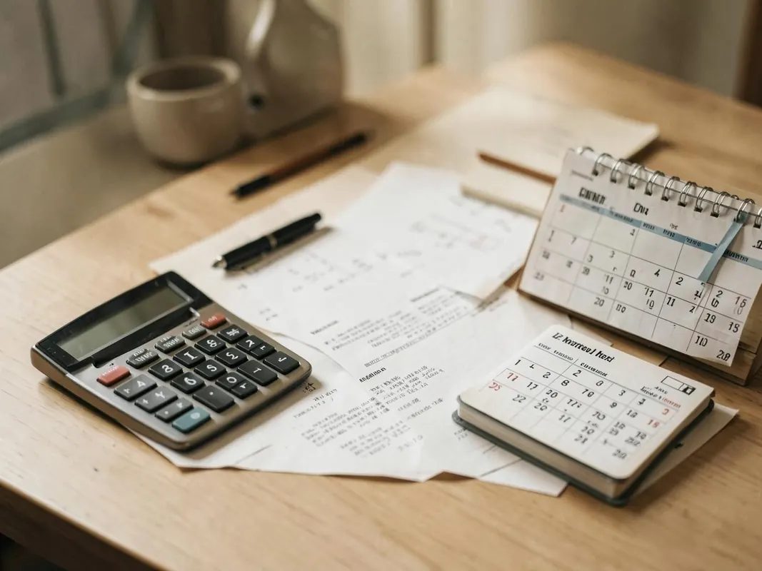 Bureau avec factures, calculatrice et calendrier de relances
