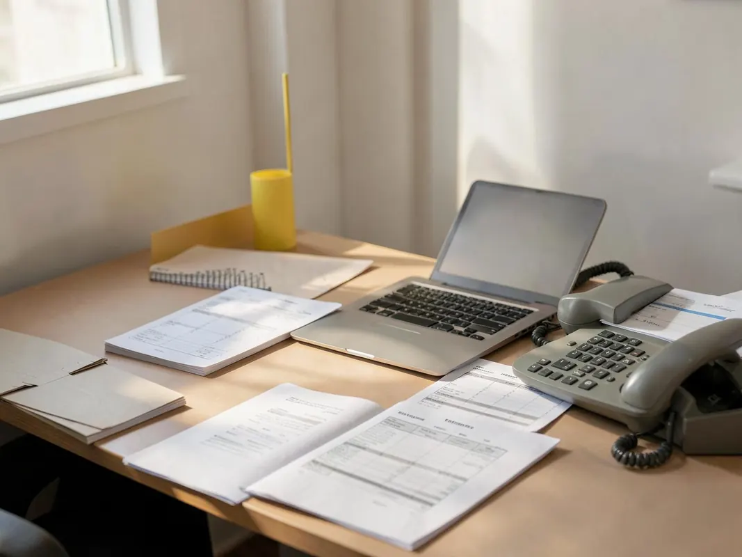 Bureau d'une équipe ADV avec bons de commande, ordinateur et téléphone Bureau d'une équipe ADV avec bons de commande, ordinateur et téléphone
