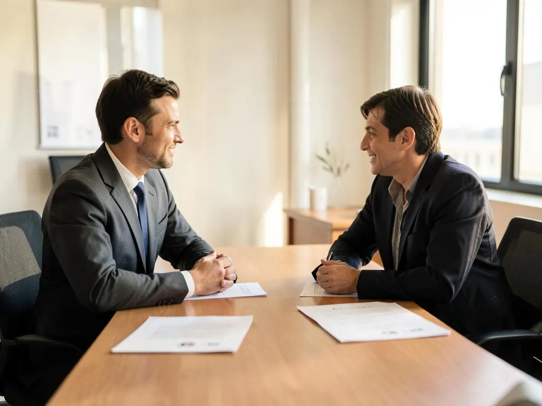 Entretien de recrutement autour d'une table avec des dossiers