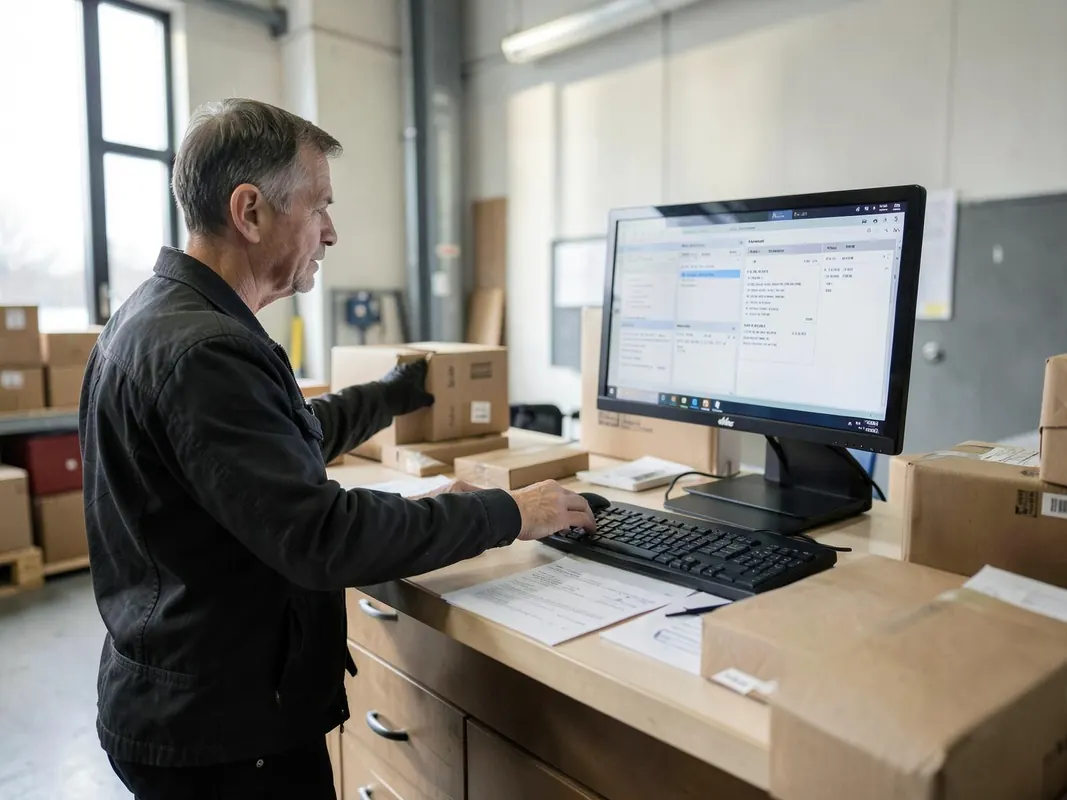 Poste d'expédition où un opérateur vérifie des colis face à un écran Poste d'expédition où un opérateur vérifie des colis face à un écran