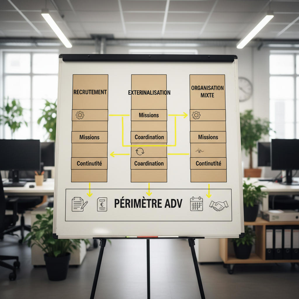 Trois organisations ADV à comparer, recrutement, externalisation et organisation mixte, à partir d'un même périmètre de missions.