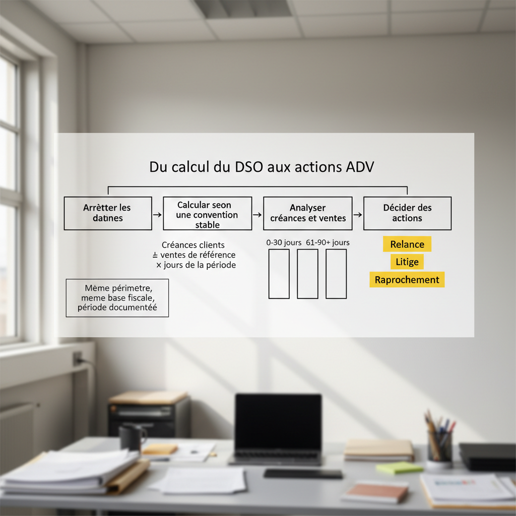 Les étapes du suivi mensuel du DSO : arrêter les données, appliquer une convention de calcul stable, analyser les créances et les ventes, puis décider des actions ADV.