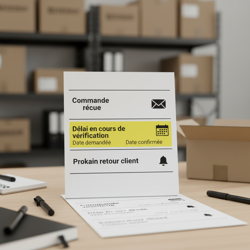 Fiche de commande distinguant la réception, la vérification du délai et le prochain retour au client.